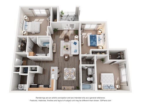 Floor plan for 3 beds, 2 baths, 1355 sqft